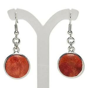Handcrafted Red Bamboo Coral Gemstone Cabochon Silver Dangle Earrings